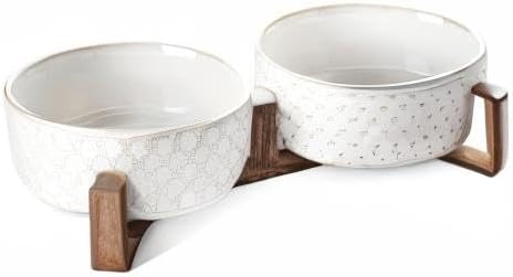 Dog Bowls Ceramic for Small Medium Dogs - 3-Cup Dual Food & Water Bowl Set with Acacia Wood Stand, Non-Slip Anti-Tip Elevated Design