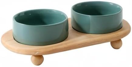 Ceramic Elevated Cat Food and Water Bowl, Kitty Bowl, Raised Cat Dish, Pet Feeder (5.1 in, 2 x Dark Green + Stand)