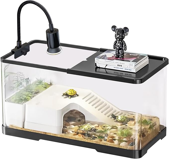 (Tank + Light + Filter + Filter Balls) Turtle Tank Kit, Turtle Tank Starter Kit,Bottom Drainage, Multi-Function Areas for Turtles, Crabs,Fishes, Amphibians,Reptiles.(15.75 x 8.64 x 8.64 Inch)