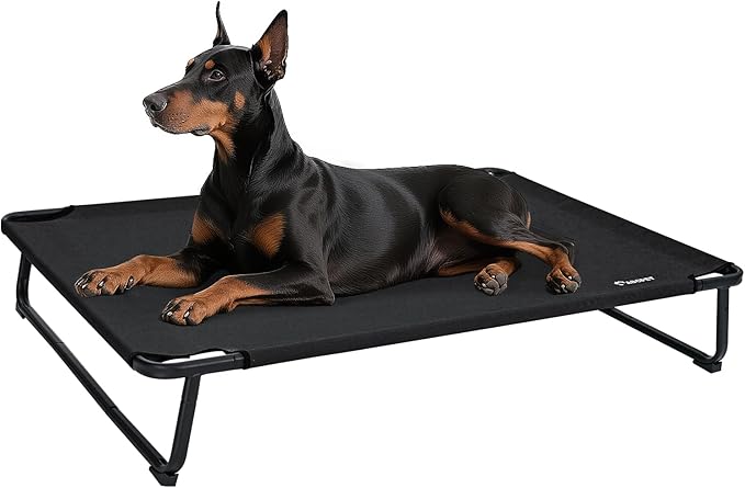Cooling Elevated Dog Bed, Raised Outdoor Dog Bed Waterproof Pet Beds Cots Stable and Easy Assembly, Teslin Fabric with 1.2mm Thick Iron Frame, Breathable, Ultra-Sturdy,Black, 48 * 32 * 8.7