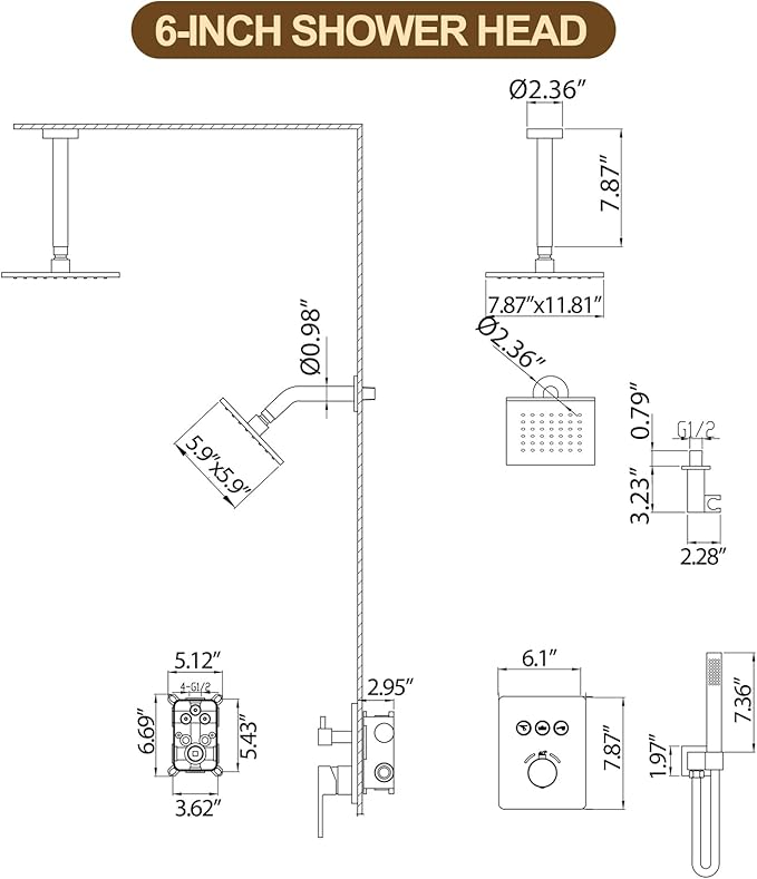 12 Inch Rain Shower System, Brushed Gold Shower Faucet Set with Push Button Diverter, 6 Inch Wall Mounted 3-Functions Bathroom Shower Systems with Dual-Function Handheld (Thermostatic, Gold Brushed)