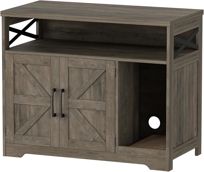 Cat Litter Box Enclosure, Hidden Litter Box Furniture with Scratch Pad, Farmhouse Indoor Cat House Washroom End Table, Grey