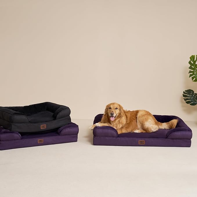 EHEYCIGA Orthopedic Dog Beds for Extra Large Dogs, Waterproof Memory Foam XL Pet Bed with Sides, Non-Slip Bottom and Egg-Crate Foam Big Dog Couch Bed with Washable Removable Cover, Purple