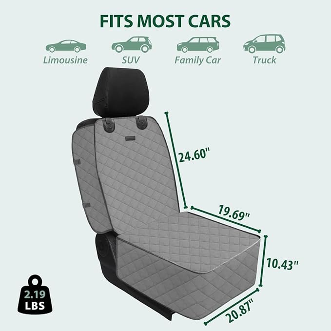 Dog Car Front Seat Cover with Side Flaps & Buckle Straps for Pet, 100% Waterproof 600D Oxford Single Seat Protector Heavy Duty Quilted Scratch Proof, Universal Size for SUV Truck, Grey