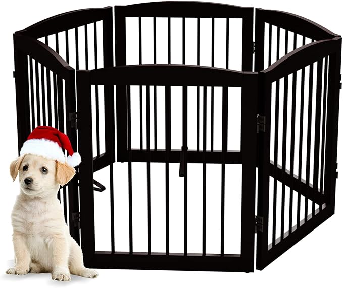 Freestanding Pet Gate for Dogs, Foldable Wooden Dog Gate for House, Extra Wide Indoor Pet Barrier for Stair, Doorway, Hall, Support Feet Included, 120 Inch Wide, 6 Panels 24", Brown