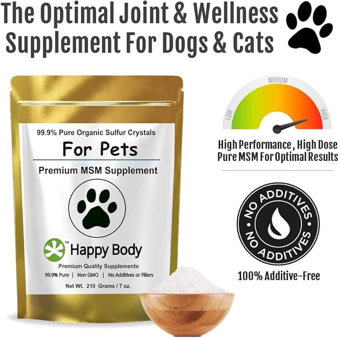 HAPPY BODY Pure MSM Joint Supplement for Dogs, Cats, & Horses – 100% Additive-Free – High Performance, Supports Senior Pets Wellness, Healthy Joints, Mobility, Aches, & Fatigue 7oz - 3 Packs