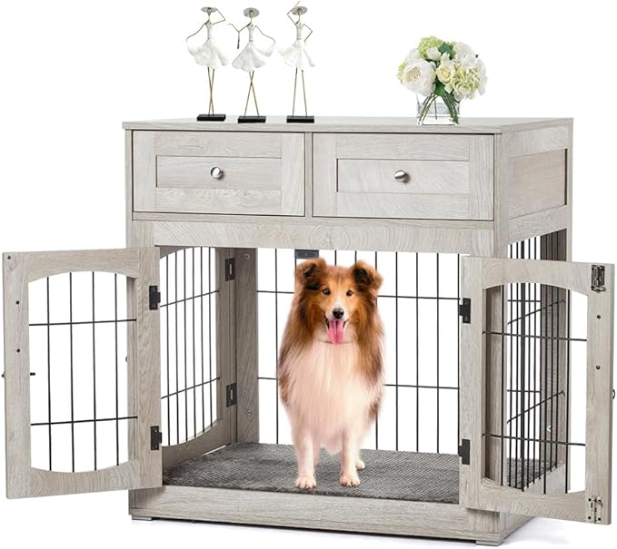 Dog Crate Furniture for Medium Dogs, Wooden Dog Kennel Indoor with Double Doors, Dog Cage with Cushion & Drawers, Dog House Side End Table for Small Medium Dogs up to 45 lb, 31.5β L, Grey