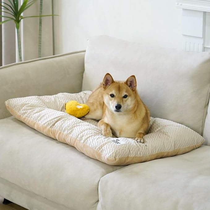 FUNNY FUZZY 2 in 1 Dog Crate Bed Pad for Large Sized Dog, Washable Reversible Pet Soft Mats,Durable Fluffy Kennel Mattress,Indoor Cats, 35" × 23", Beige