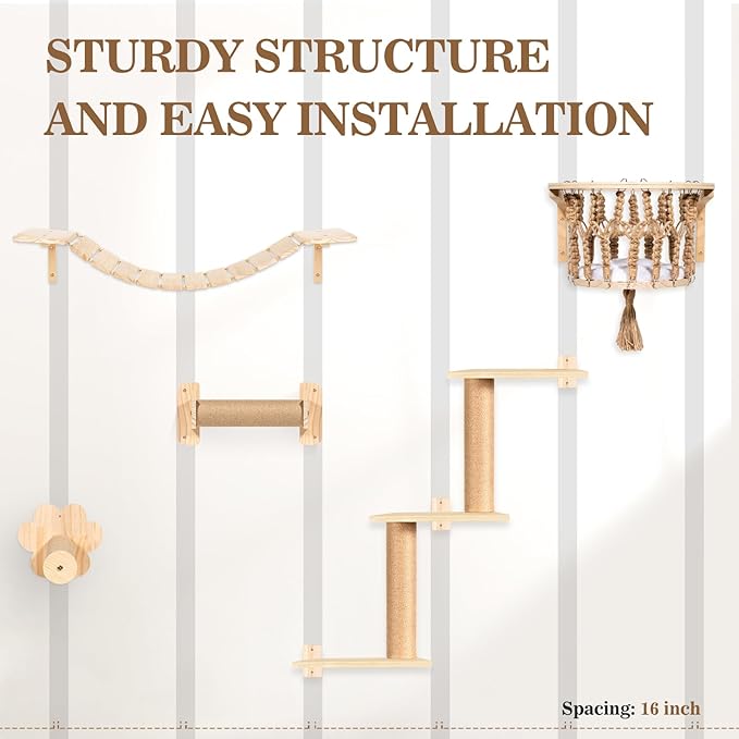 Cat Wall Shelves and Perches, Wall Mounted Cat Furniture with Hammock, Bridge, Tree, Steps and Scratching Posts, Wooden Climbing System for Indoor Large Cats and Kittens