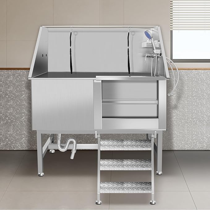 50" Pet Dog Bathing Station W/Ramp, Professional Stainless Steel Dog Grooming Tub W/Storage Drawer, Floor Grate, Faucet, Dog Bathtub for Large,Medium, Small Pets, Washing Sink for Home