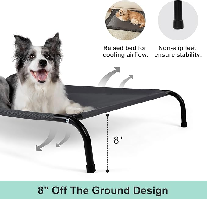 Cooling Elevated Dog Bed with Non-Slip Floor Protectors & Breathable Mesh, Raised Indoor & Outdoor Dog Cot Hammock, 34" L x 25" W x 8" Th, Small, Grey