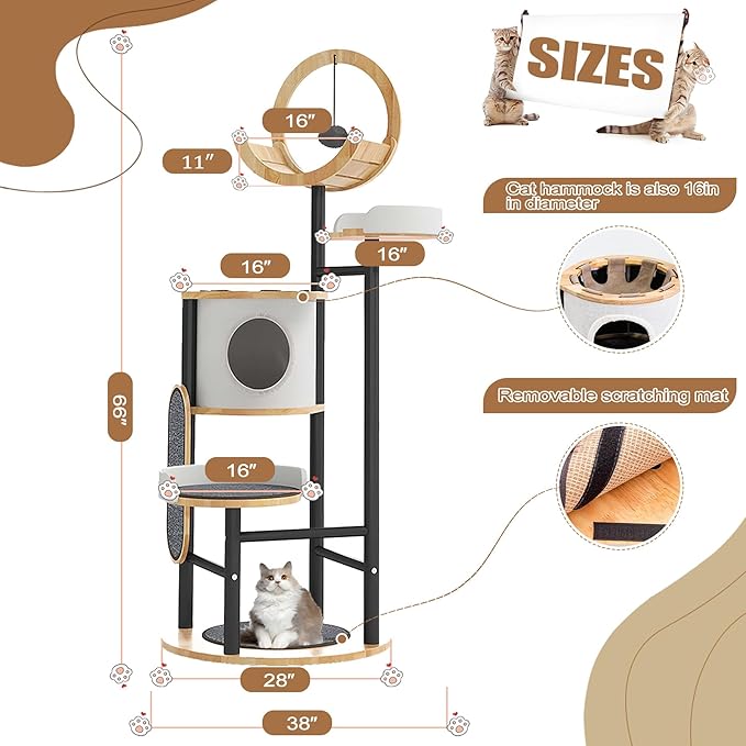 Cat Tree, 66In Cat Tower with Scratching Post, Tall Multi-Level Cat Houses for Indoor Cats Large Adult, Cute Cat Post Cat Condos with Dangling Ball,Plush Platform, Hammock, Big Cats Climbing Tower