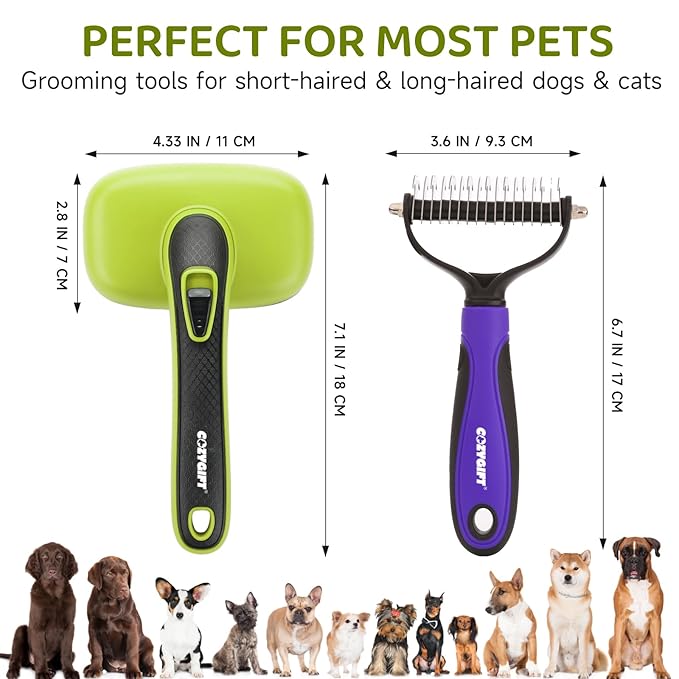 Dog Brush Kit – 3 PCS Grooming Set with Self-Cleaning Brush, Undercoat Rake & Pet Bath Brush. Great for Shedding, Tangles & Dirt Removal – Ideal for Long & Short Haired Dogs & Cats, Green