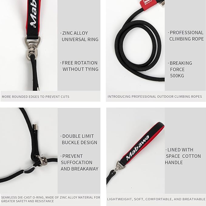 Dog Anti-Slip Leash 5FT with Metal Stopper - Durable No-Pull Training Lead for Small, Medium & Large Dogs - Comfortable Handle Nylon Rope, Tangle-Free Pet Walking Leash (Black, 5.6FT)