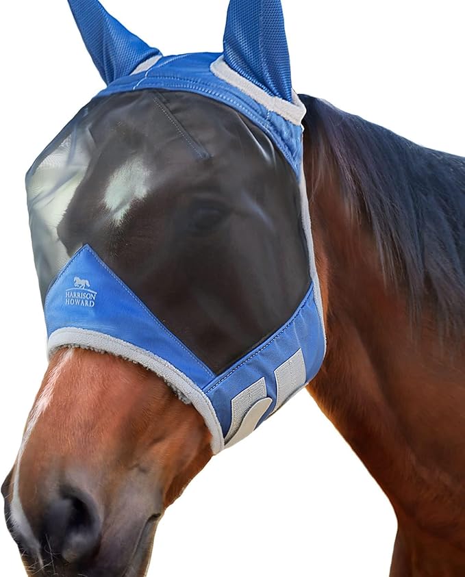 Harrison Howard CareMaster Pro Luminous Horse Fly Mask Large Eye Space Standard with Ears UV Protection for Horse Royal Blue S Pony