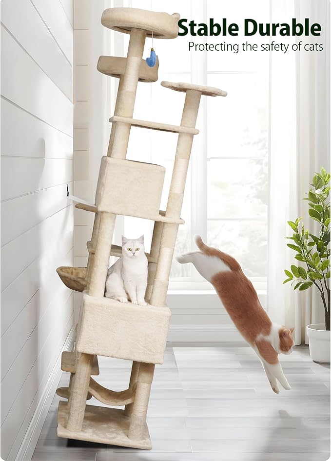 85inch Heavy Duty Cat Tree for Indoor Cats Large Adult, Tall Giant Cat Tower with Scratching Post, Large Perches, Cozy Cat Condos & Hanging Hammocks, Beige