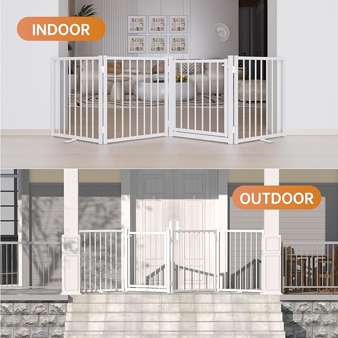 Full Metal Freestanding Dog Gate with Door, 24'' Height Foldable Pet Dog Fence for Indoor & Outdoor, 4 Panels Extra Wide Free Standing SmallDog Gates for Doorways,House,Stairs,Porch,Deck,Yard