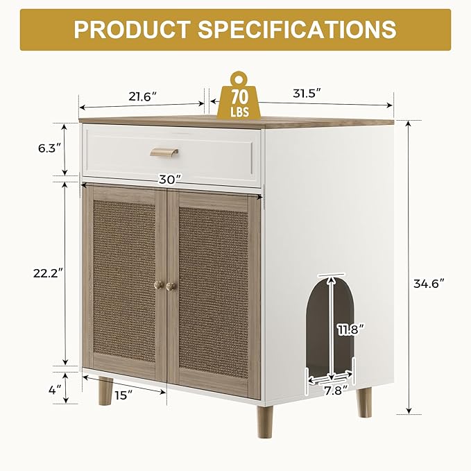 Cat Litter Box Enclosure Furniture Hidden - Indoor 2-in-1 Wooden Cat House & Washroom Cabinet with Scratching Board Doors and Drawer, 31.5”x21.6”x34.6”H