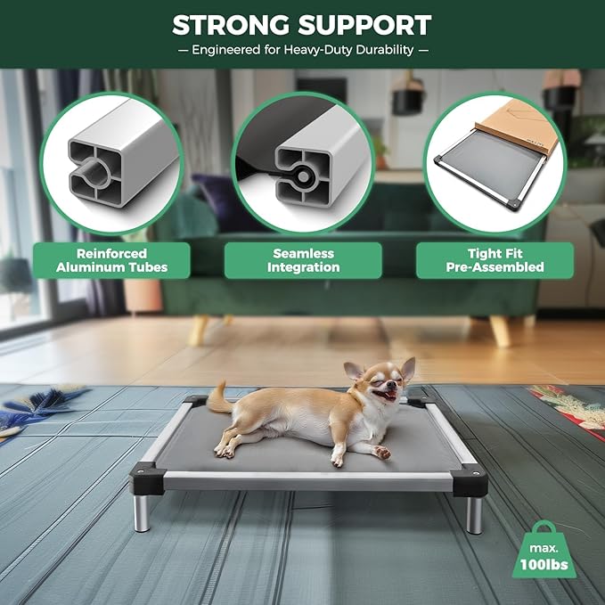 FXW TitanNest Chew-Proof Elevated Dog Bed, Raised Cot for Indoor/Outdoor/Camping Use, Durable & Washable Padded Pet Bed with Exclusive Reuseable Cover for Large Dogs, 50.0" L x 31.0" W x 7.3" H, Gray