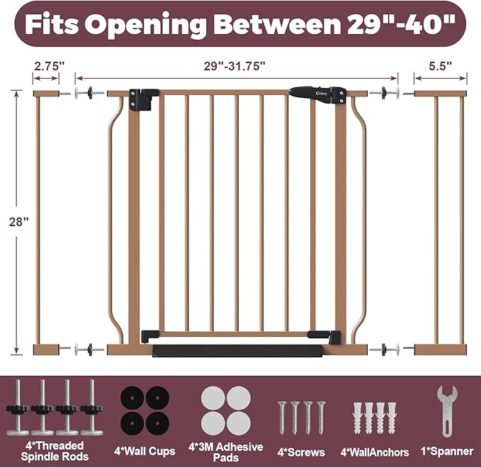 29"-40" Baby Gate for Stairs, Auto Close Stroller Friendly Dog Gate Indoor for Doorways, Pressure Mounted Baby Gate, Easy Walk Through Gate for Children & Pets, Brown