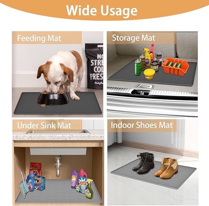 24" x 16" Dog Food Mat, Silicone Pet Mats for Food and Water, Nonslip Pet Feeding Mats for Floors, Dog Cat Bowl Mat with Raised Edges, Beige