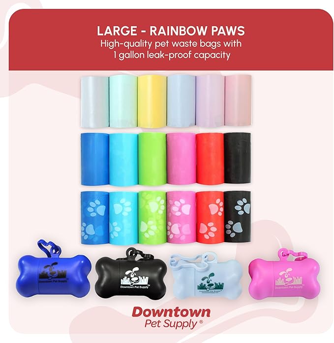 Downtown Pet Supply Rainbow Paw Print Poop Bags (520 CT & 2 Dispensers) - Leak-Proof, Unscented, Clips to Dog Leashes & Harnesses