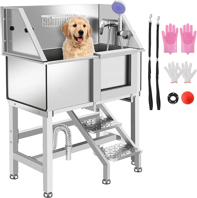 Dog Washing Station 38'' Stainless Steel Pet Grooming Tub for Large Dogs Over-Size Professional Dog Grooming Bathtub Station Wash Shower Sink Pet Grooming Bathtub Station