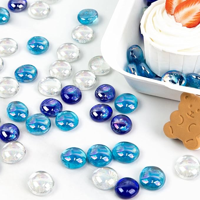 FUTUREPLUSX 1LB Iridescent Flat Glass Marbles, Blue Mixed Glass Beads Vase Fillers Decorative Gem Pebbles Sparkling Floral Fish Tank Rocks for Vases Table Scatter Aquarium Decor DIY Craft