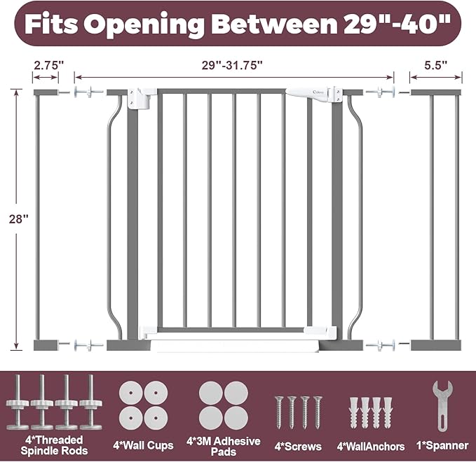 29"-40" Baby Gate for Stairs, Auto Close Stroller Friendly Dog Gate Indoor for Doorways, Pressure Mounted Baby Gate, Easy Walk Through Gate for Children & Pets, Grey