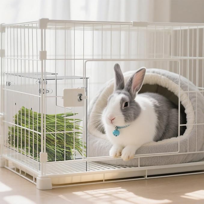 Acrylic Rabbit Hay Feeder with Lid, Transparent Hanging Food Dispenser Hay Feeder for Bunny Rabbits Guinea Pig Cage Chinchillas Hamsters Small Pets and Animals(Medium