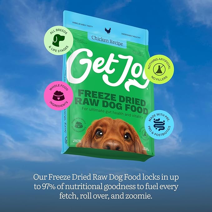 Get Joy Gut Health Fresh Freeze Dried Raw Meal, Chicken Recipe, 16 Ounce Bag, Dog Food for Dogs of All Breeds and Life Stages, PhD Animal Nutritionist Formulated, Made in USA