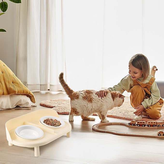 Elevated Cat Bowls, Tilted Rised Cat Food and Water Bowl with 2 Pcs Ceramic Pet Bowls, Rised Stand, Pet Dish Anti Vomiting Feeding Station for All Sized Cats & Small Dogs (Milk Coffee)
