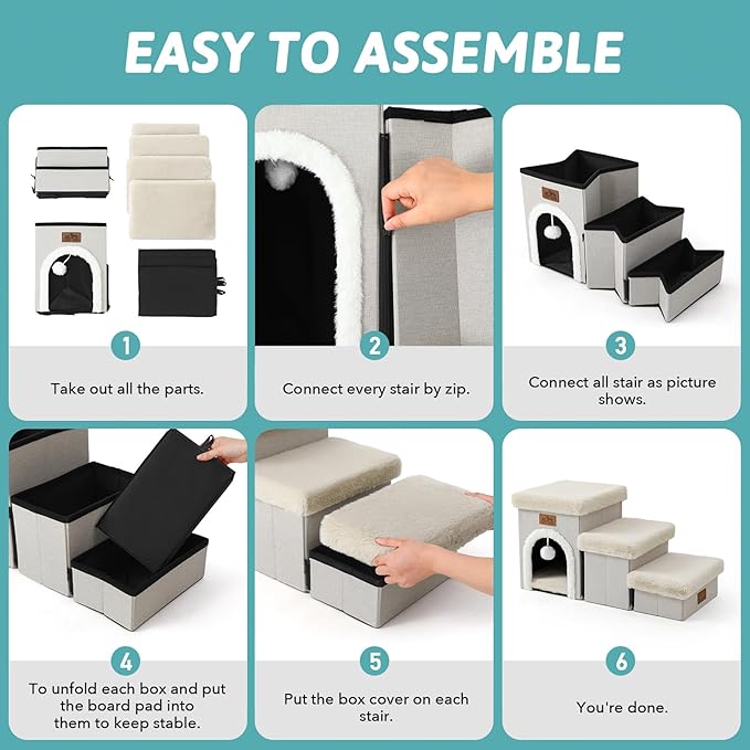 Dog Stairs for Small Dogs with Storage and Condo, 14" H Foldable Pet Stairs for Small Medium or Puppy Dogs and Older Cats, Dog Steps for Bed or Couch, 13x27x14 inch, 3 Tiers, Beige