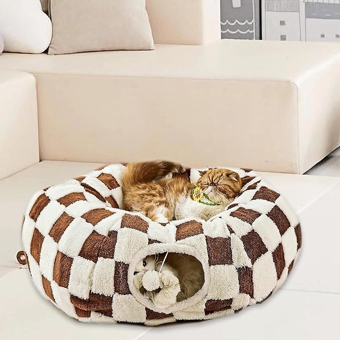 Cat Tunnel Bed with Washable Cushion for Indoor Cat, Donut Cave Tube Toys for Kitten Puppy Rabbit, Brown