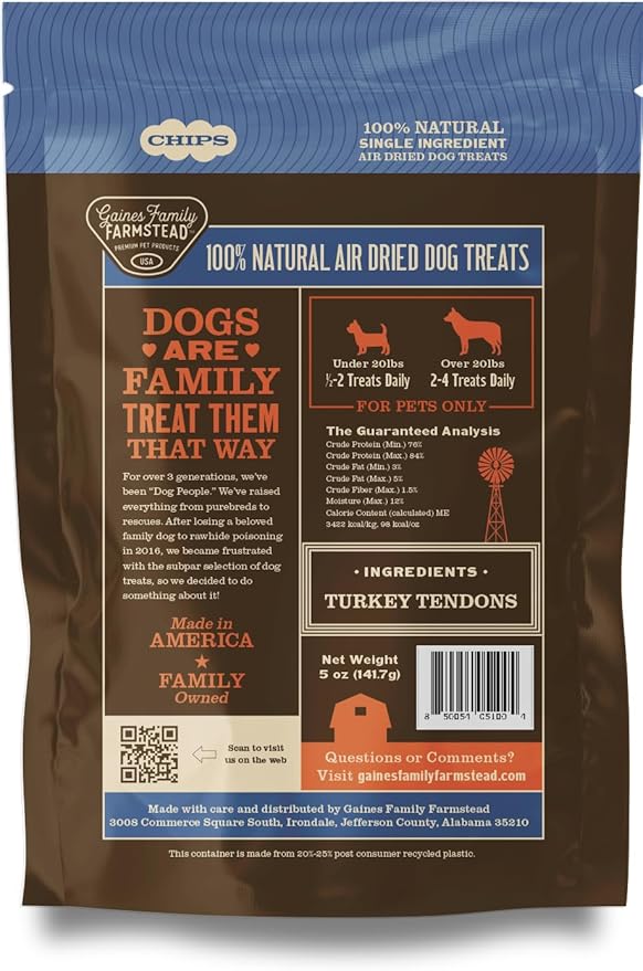 Gaines Family Farmstead Turkey Tendon Chips for Dogs – 5 oz, Natural Single-Ingredient Dog Treats, High-Protein Crunchy Chews, Rawhide Alternative, Grain-Free, Made in USA