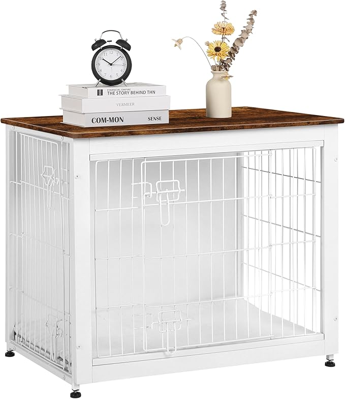 DWANTON Dog Crate Furniture with Cushion, Wooden Kennel Table with Double Doors, Indoor Dog House, Medium Size, 32.5" L, White+Rustic Brown