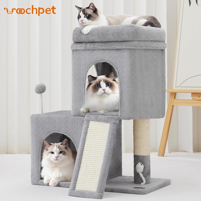 24inch Tall cat Tree with 2 cat condo and Mouse Toy Cozy Small cat Tower with Scratching Post and Board for Kitties and Small Cats.(Light Grey)