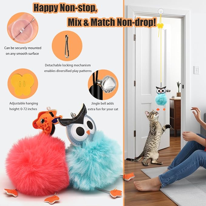 4-in-1 Interactive Cat Toys Set with Suction Cup Wand, Hanging Cat Toys, Fishing Pole Cat Wand & Kitten Balls- Includes Variety Replaceable Worms, Feathers for Indoor Bored Cats for Exercise