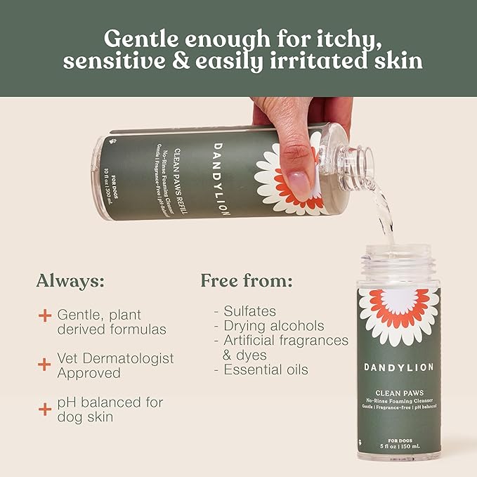 Dandylion Clean Paws Value Set – No‑Rinse Foaming Paw Cleaner with Built‑in Brush + 10 fl oz Refill
