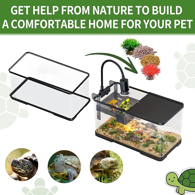 (Tank + Light + Filter + Filter Balls) Turtle Tank Kit, Turtle Tank Starter Kit,Bottom Drainage, Multi-Function Areas for Turtles, Crabs,Fishes, Amphibians,Reptiles. (15.75 x 8.64 x 8.64 Inch)