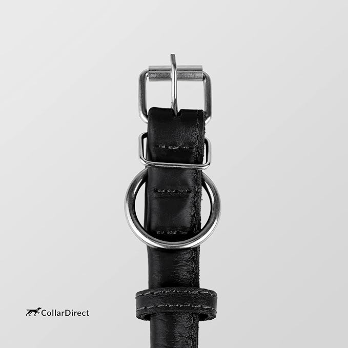 CollarDirect Rolled Leather Dog Collar, Soft Padded Round Puppy Collar, Handmade Genuine Leather Collar Dog Small Large Cat Collars 13 Colors (11-14 Inch, Black Textured)