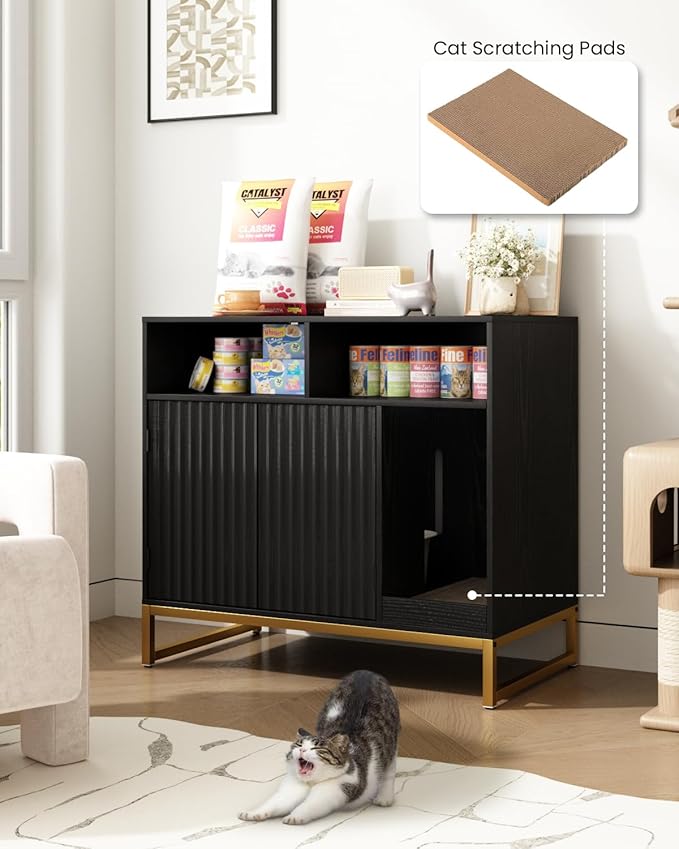 Cat Litter Box Enclosure, Large Hidden Pet Storage Cabinet Furniture with Waveform Fluted Doors & Scratching Pad, Modern Wooden Cat House Indoor for Washroom, Living Room, Bedroom, Black