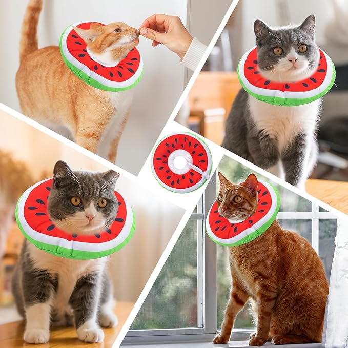 Cat Cone Collar Soft, Adjustable Cat Recovery Collars Kitten Cones to Stop Licking, Cute Donut E Collar After Surgery, Wound Healing Elizabethan Collar for Kittens (Watermelon, Large)