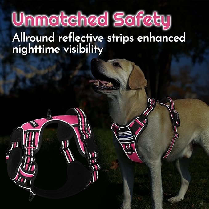 Eagloo Dog Harness Medium Sized, Easy Wearing with 3 Buckles, Adjustable No Pull Pet Harness with 2 Rings for Walking, No Chock Reflective Soft Padded Vest with Control Handle, Pink & Black, M