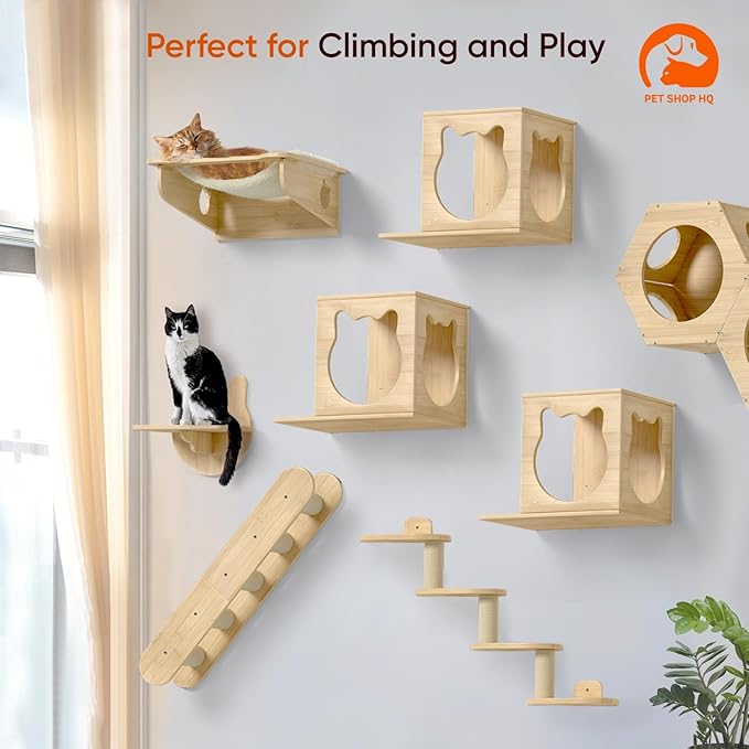 Cat Wall Furniture - Climbing Shelves, Ladders, Cat House, Hammock, Bed, Bridges, Walkways - Bamboo Material - Light Brown - Cat Furniture