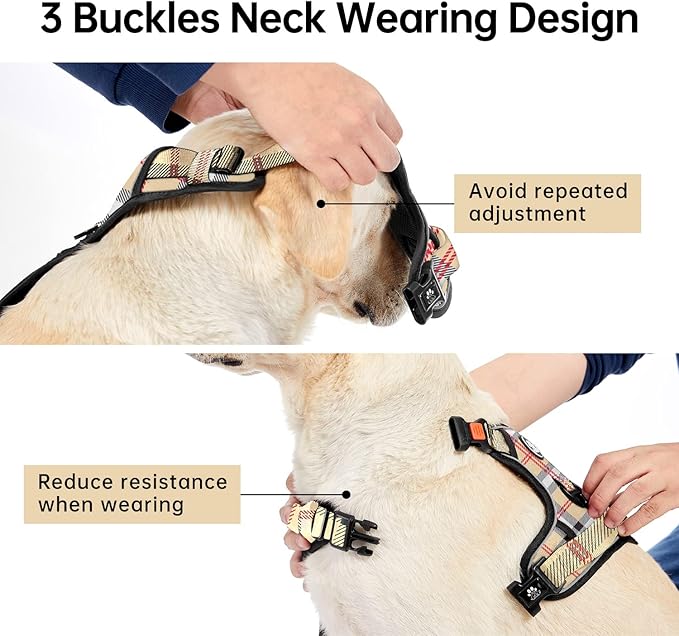 IVY&LANE No Pull Dog Harness with Leash Set, Reflective No Choke Pet Vest,Adjustable Oxford Dog Vest Harness with Easy Control Handle for Small Dogs (Checkered Beige,S)