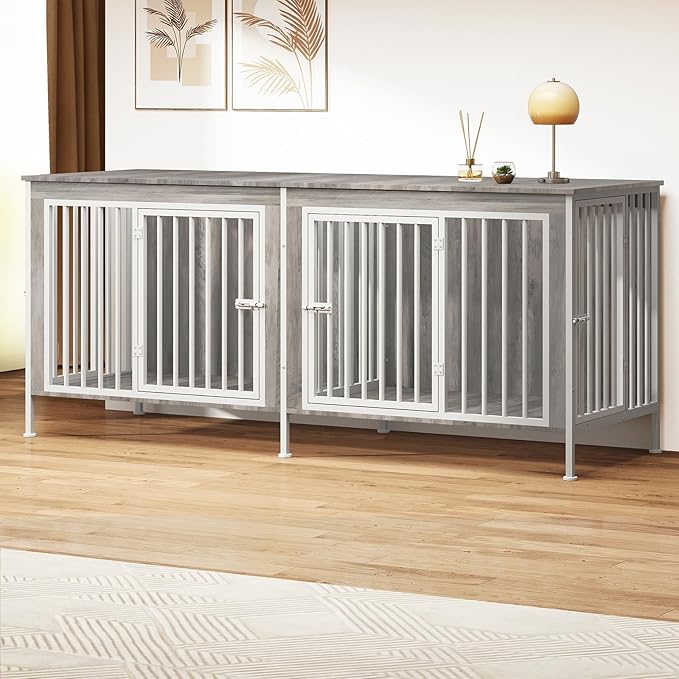 78 Inch Dog Cage Furniture for 2 Large/Medium Dogs with Removable Divider, Extra Large Double Doors Dog Kennel, XXL Thick Wooden Dog cage Furniture, Durable and Sturdy, Beige