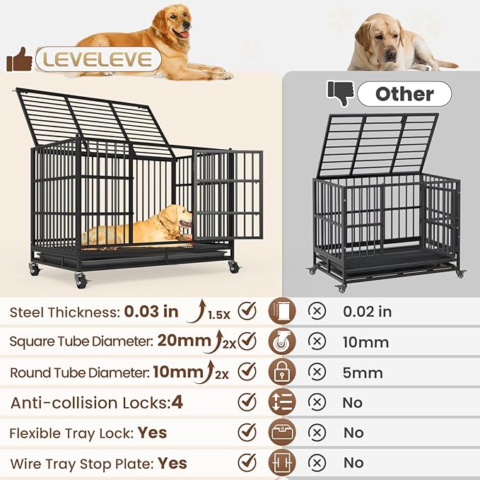 LEVELEVE 38 Inch Heavy Duty Indestructible Dog Crates for Large Dogs,Escape Proof Dog Cage Large Dogs with Lockable Wheels,Dog Kennel Furniture Indoor&Outside