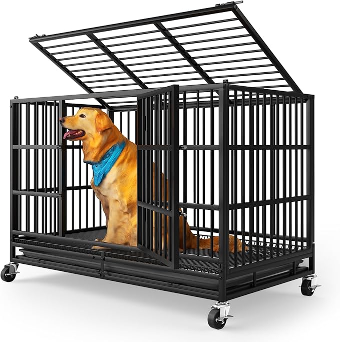 LEVELEVE 54 Inch Heavy Duty Indestructible Dog Crates for Large Dogs,Escape Proof Dog Cage Large Dogs with Lockable Wheels,Dog Kennel Furniture Indoor&Outside