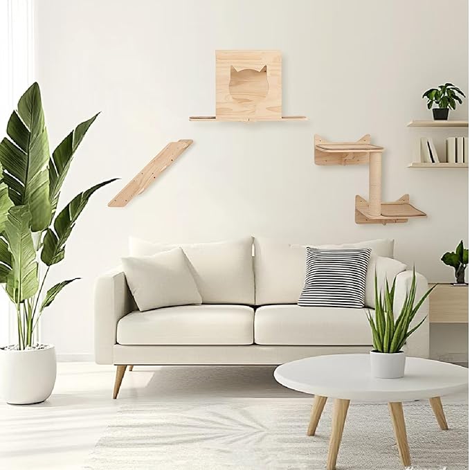 Cat Wall Shelves Set – Wall Mounted Cat Furniture with House, Sisal Mat, Scratching Posts & Perches – Indoor Climbing Shelves for Large Cats